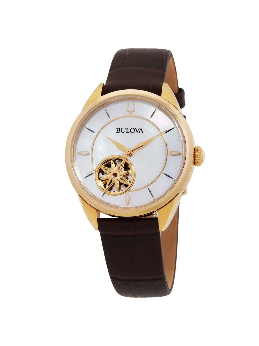 Женские часы Bulova Sutton Automatic с белым перламутровым циферблатом 97L179 — изображение 1 из 3, оттенок золотистый