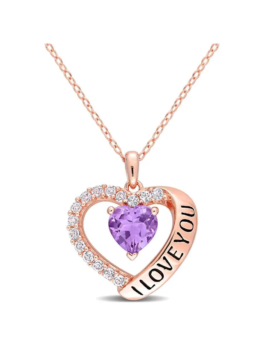 AMOUR 1 5/8 CT TGW Подвеска в форме сердца с аметистом и белым топазом 'Я люблю тебя' с цепочкой из