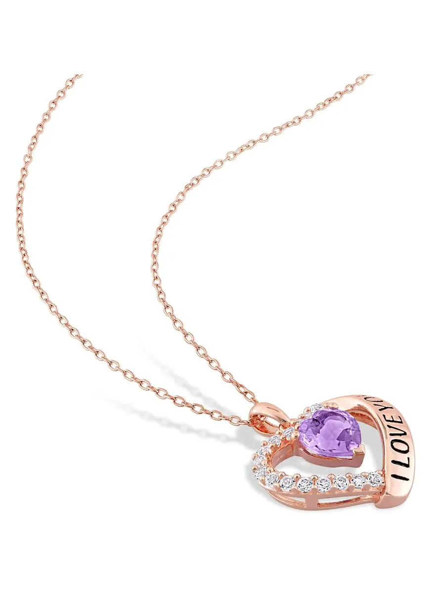 AMOUR 1 5/8 CT TGW Подвеска в форме сердца с аметистом и белым топазом 'Я люблю тебя' с цепочкой из — изображение 3 из 5