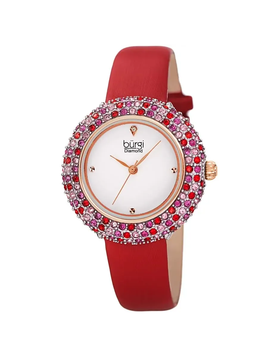 Женские часы Burgi с бриллиантами, цветными кристаллами Swarovski, сверкающей окантовкой и кожаным