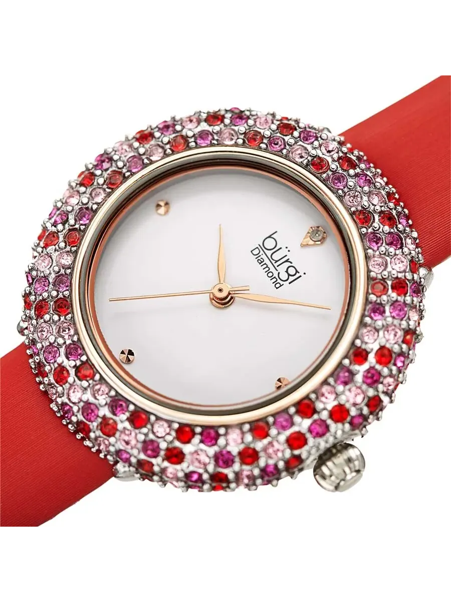 Женские часы Burgi с бриллиантами, цветными кристаллами Swarovski, сверкающей окантовкой и кожаным — изображение 2 из 4
