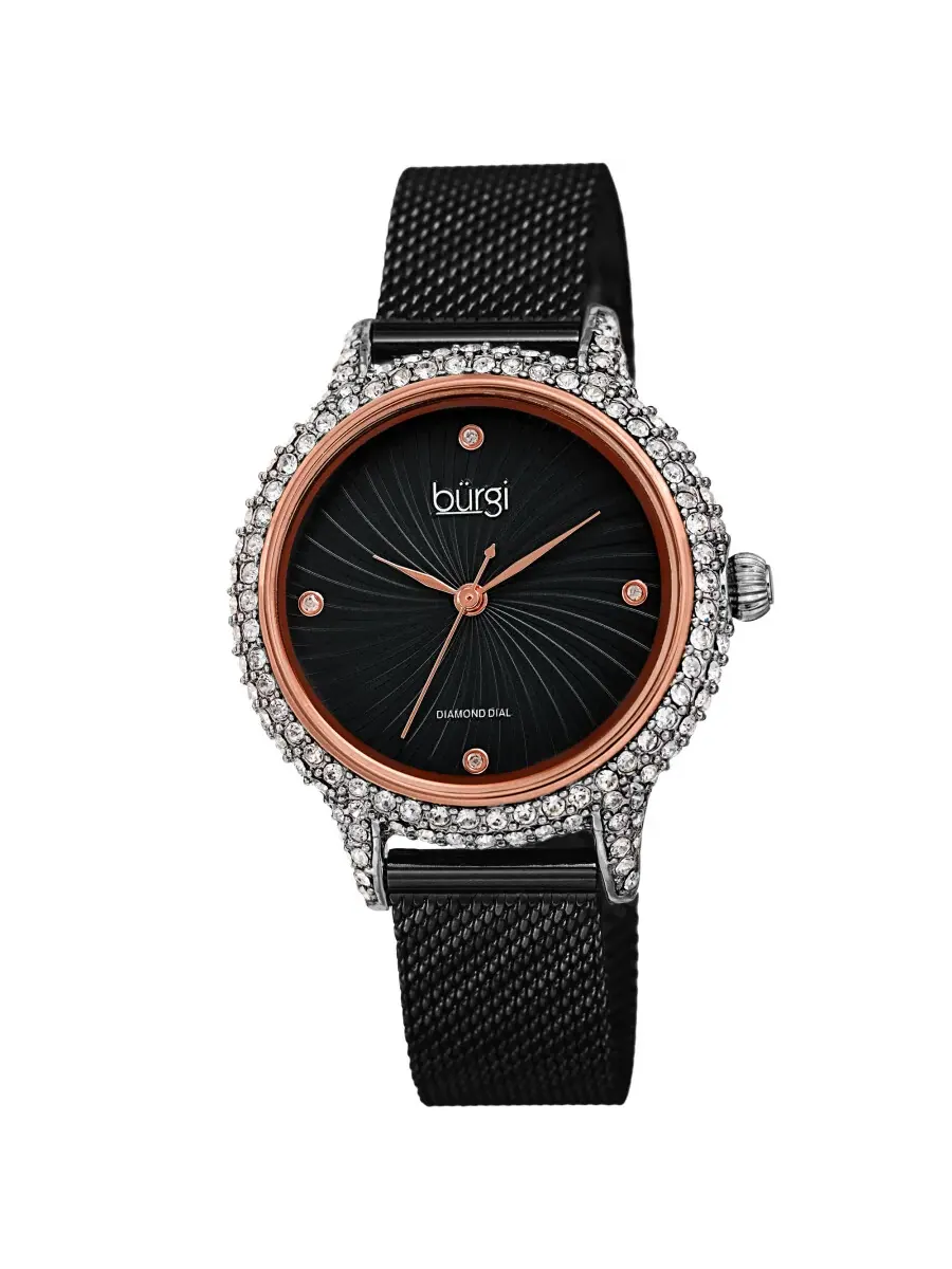 Женские часы Burgi Quartz с черным циферблатом и бриллиантами BUR250BKR — изображение 1 из 4, оттенок розовый золотистый