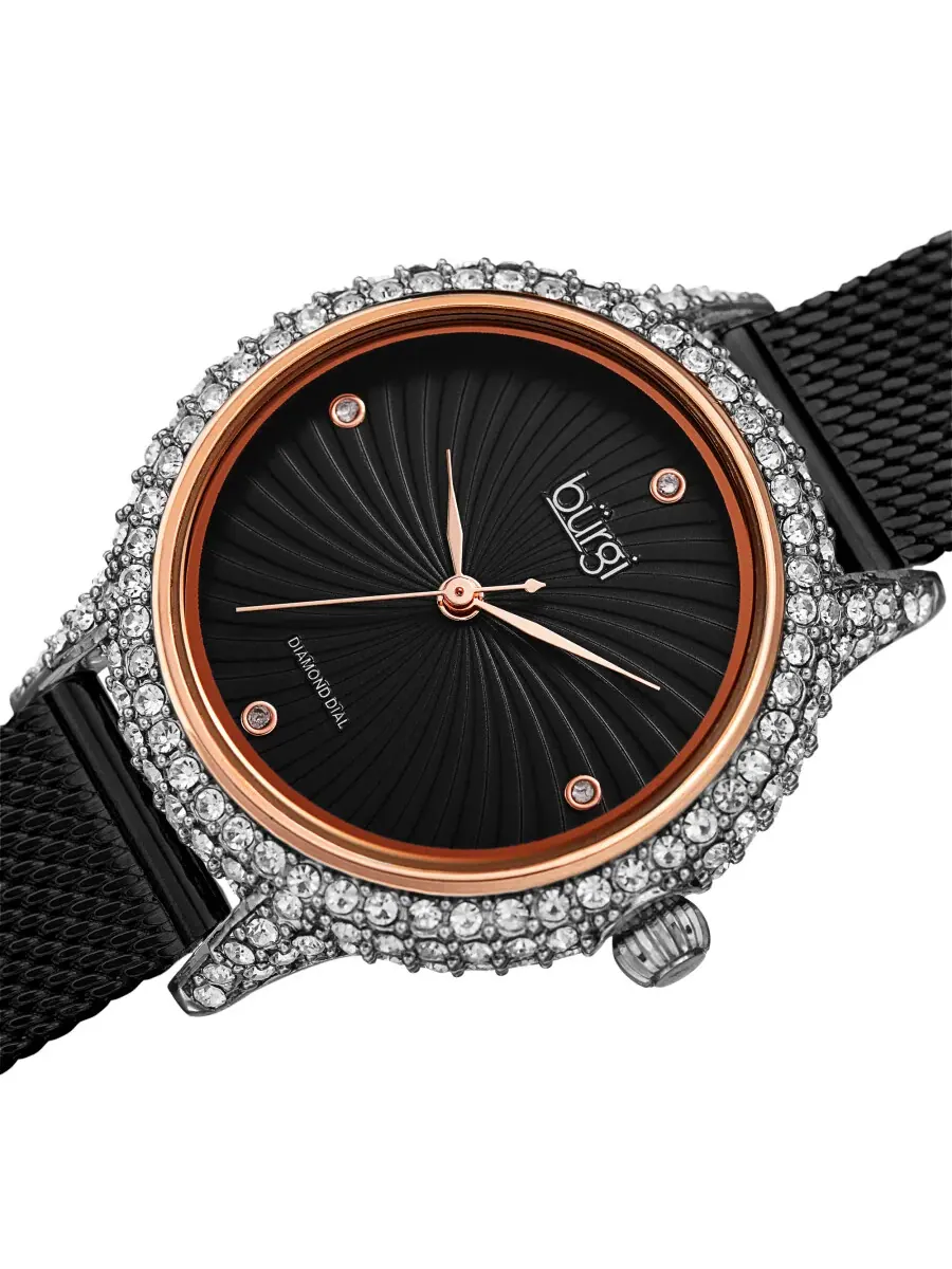 Женские часы Burgi Quartz с черным циферблатом и бриллиантами BUR250BKR — изображение 2 из 4, оттенок розовый золотистый