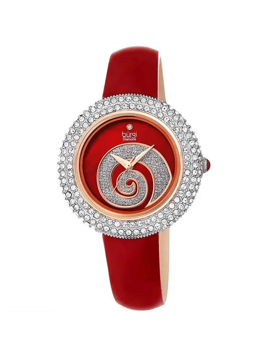 Женские часы Burgi Swirl с красным циферблатом и красным кожаным ремешком BUR209RD