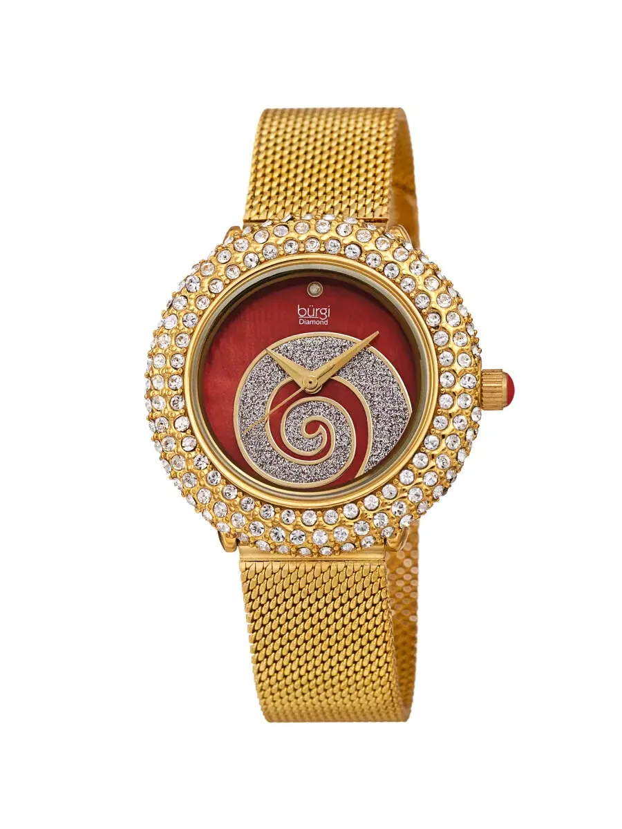 Женские часы Burgi Swirl Quartz с красным циферблатом и бриллиантом BUR259YGR