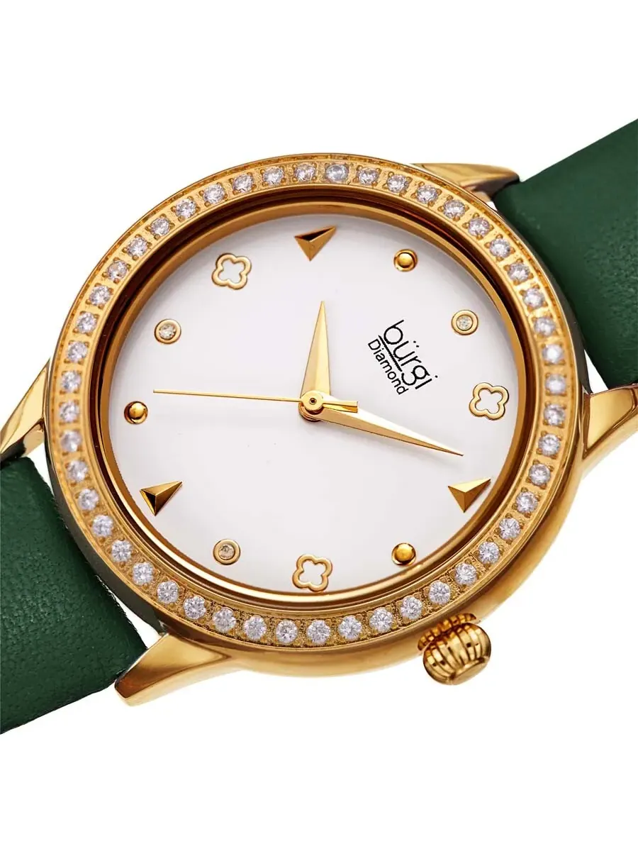 Женские часы Burgi Diamond с белым циферблатом и зеленым кожаным ремешком BUR221GN — изображение 2 из 4, оттенок золотистый