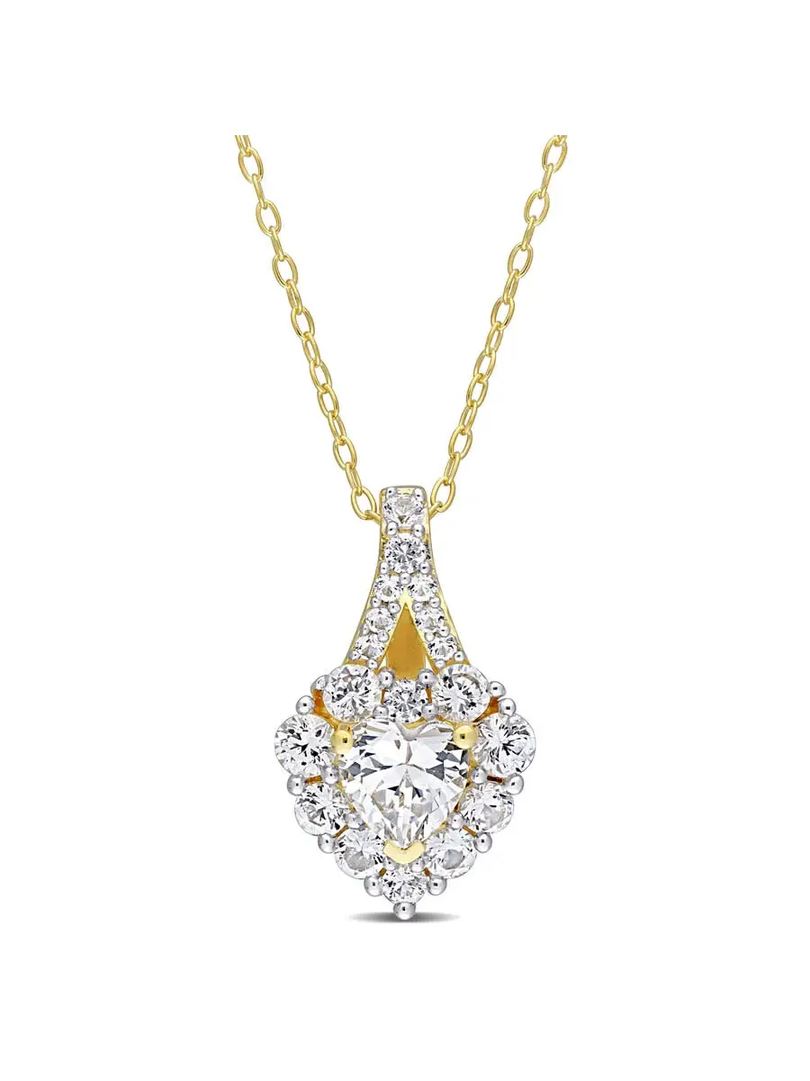 AMOUR 2 7/8 CT TGW Подвеска в виде сердца с созданным белым сапфиром в ореоле с цепочкой из серебра — изображение 1 из 4