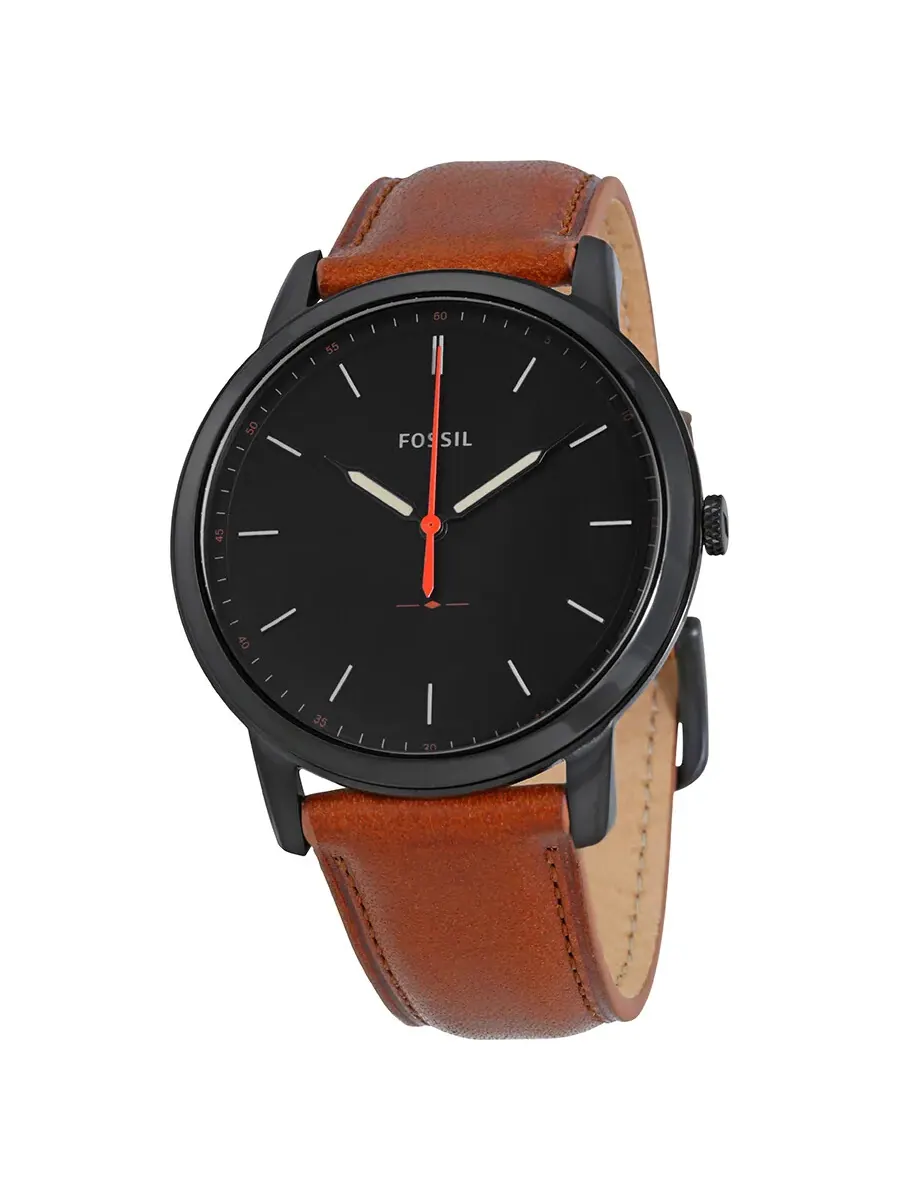 Мужские часы Fossil FS5305 с черным минималистичным циферблатом и коричневым кожаным ремешком — изображение 1 из 3