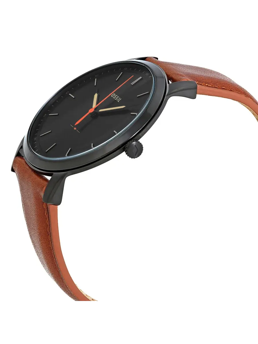 Мужские часы Fossil FS5305 с черным минималистичным циферблатом и коричневым кожаным ремешком — изображение 2 из 3