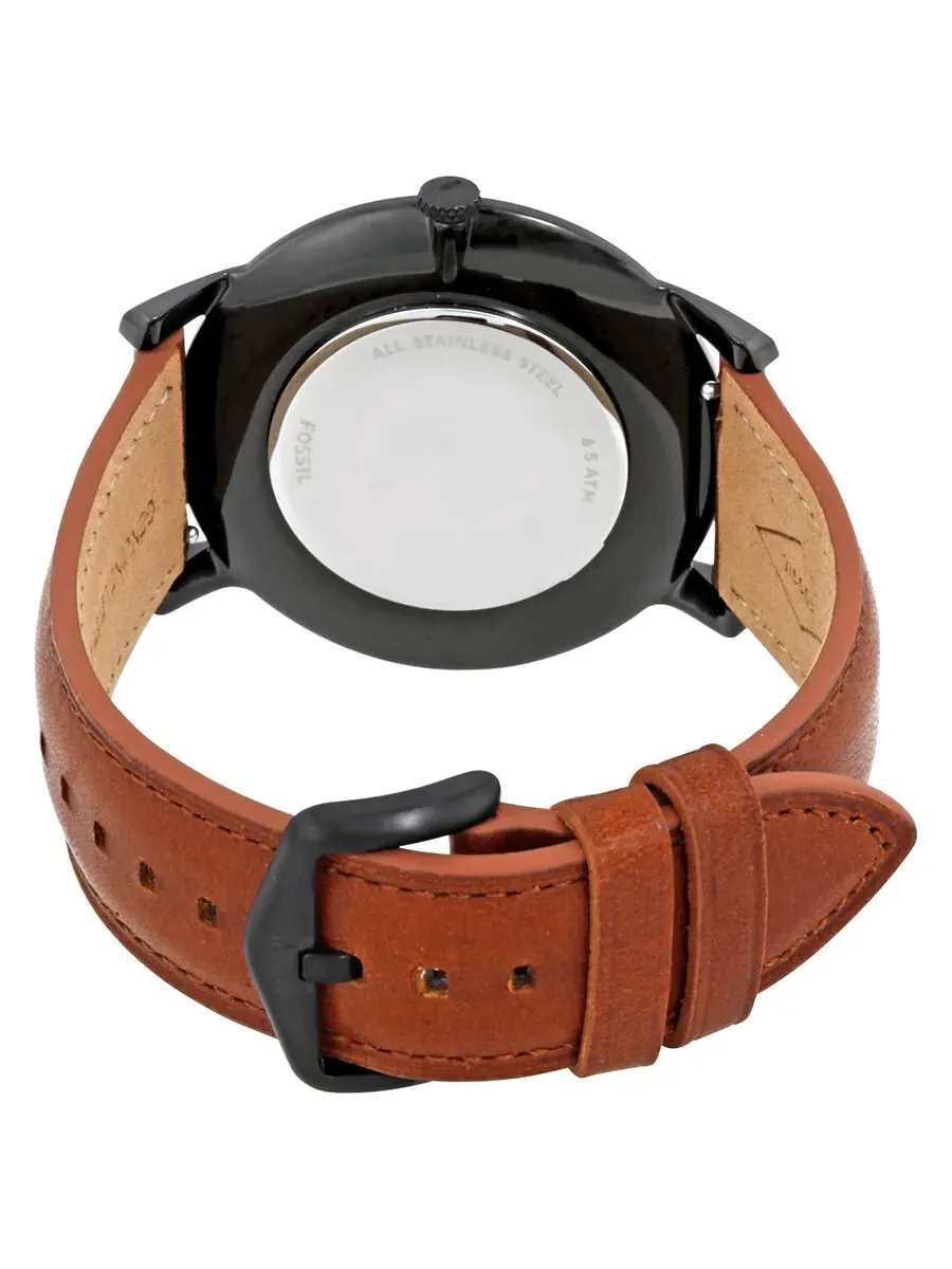Мужские часы Fossil FS5305 с черным минималистичным циферблатом и коричневым кожаным ремешком — изображение 3 из 3