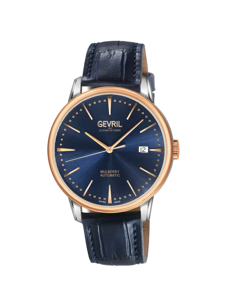 Мужские часы Gevril Mulberry Automatic с синим циферблатом 9625 — изображение 1 из 3, оттенок розовый золотистый