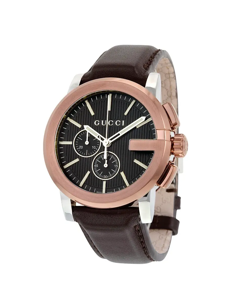 Мужские часы Gucci G Chrono XL с черным циферблатом и коричневым кожаным ремешком YA101202