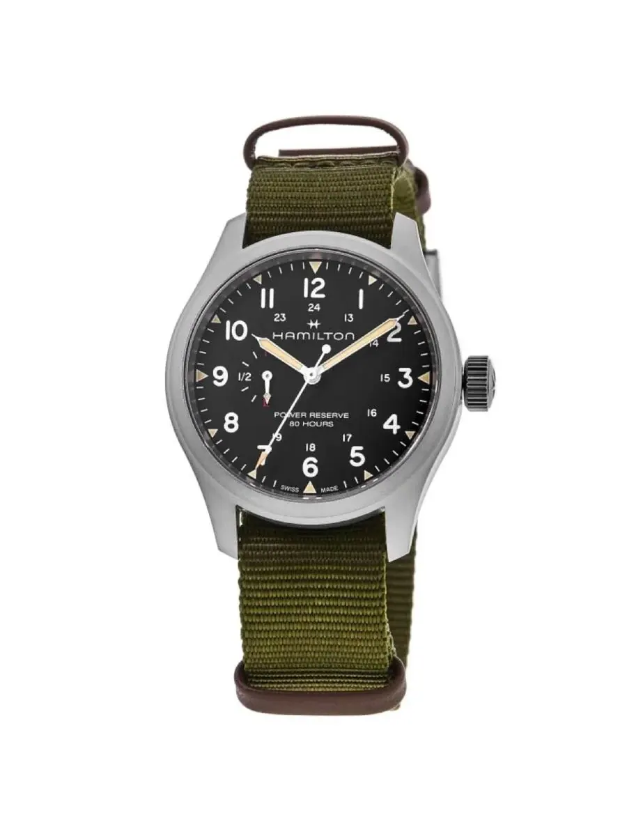 Мужские часы Hamilton Khaki Field Mechanical с черным циферблатом и индикатором запаса хода — изображение 1 из 1