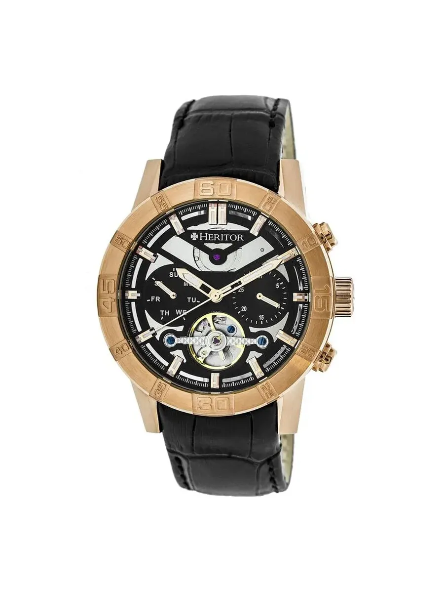 Мужские часы Heritor Hannibal Quartz с черным циферблатом и черным кожаным ремешком HR4106