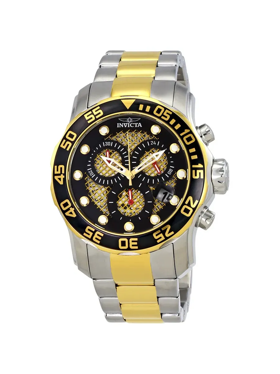 Мужские часы Invicta Pro Diver Chronograph с черным и золотым циферблатом, модель 19839 — изображение 1 из 3, оттенок черный