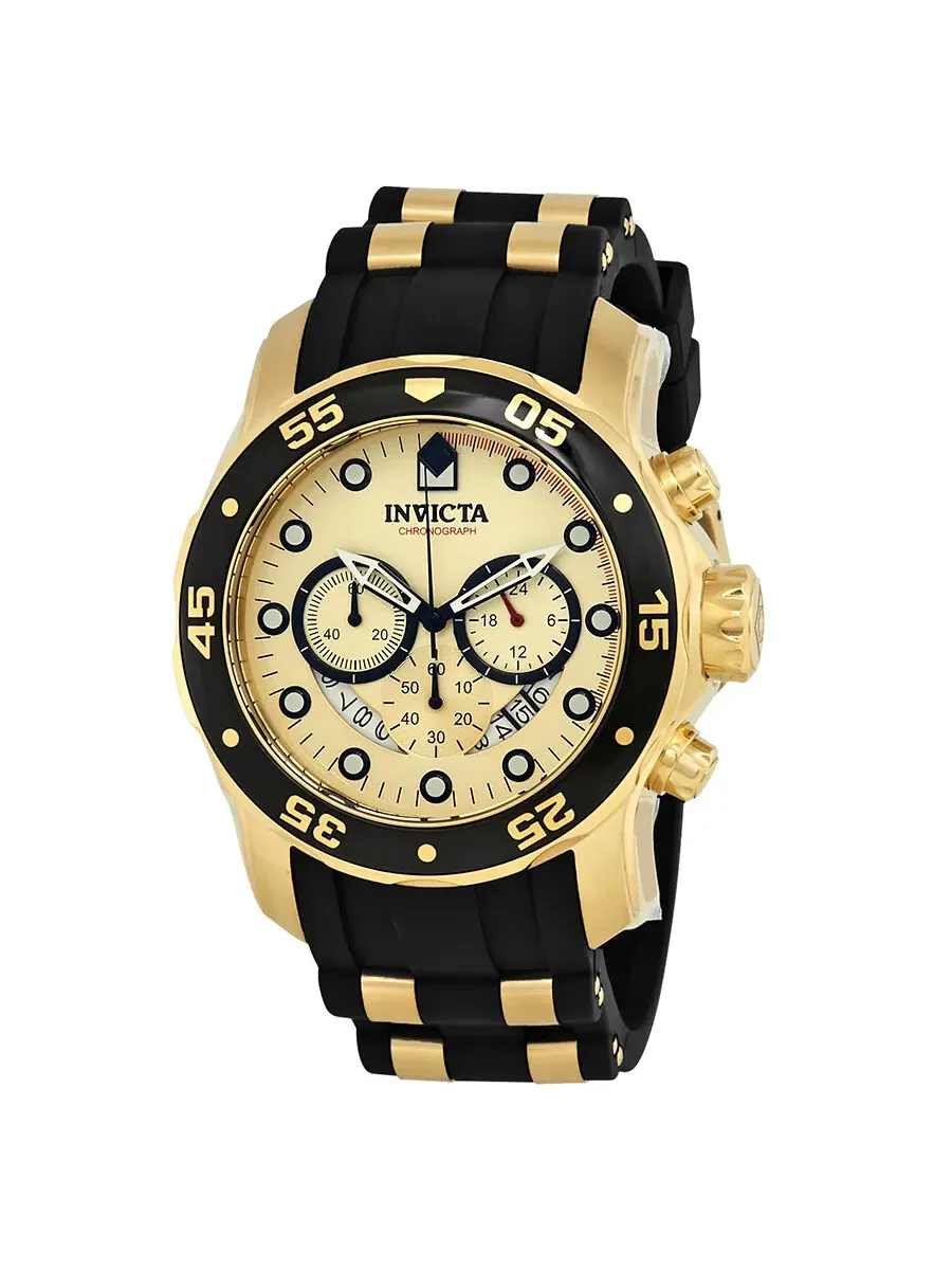 Мужские часы Invicta Pro Diver Chronograph с золотым циферблатом и черным полиуретановым ремешком — изображение 1 из 3