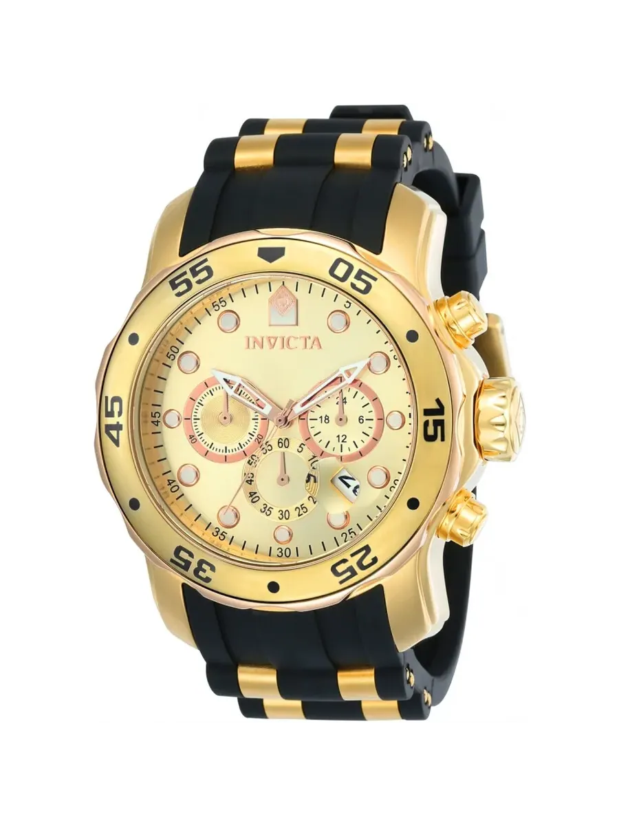Мужские часы Invicta Pro Diver Chronograph с золотым циферблатом и черным резиновым ремешком 17884 — изображение 1 из 1