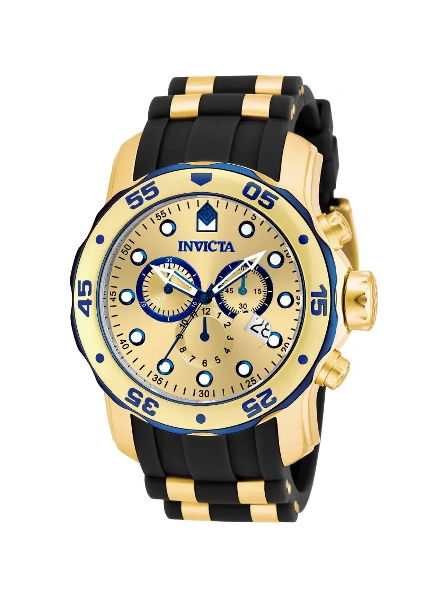 Мужские часы Invicta Pro Diver Chronograph с золотым циферблатом и черным резиновым ремешком — изображение 1 из 1