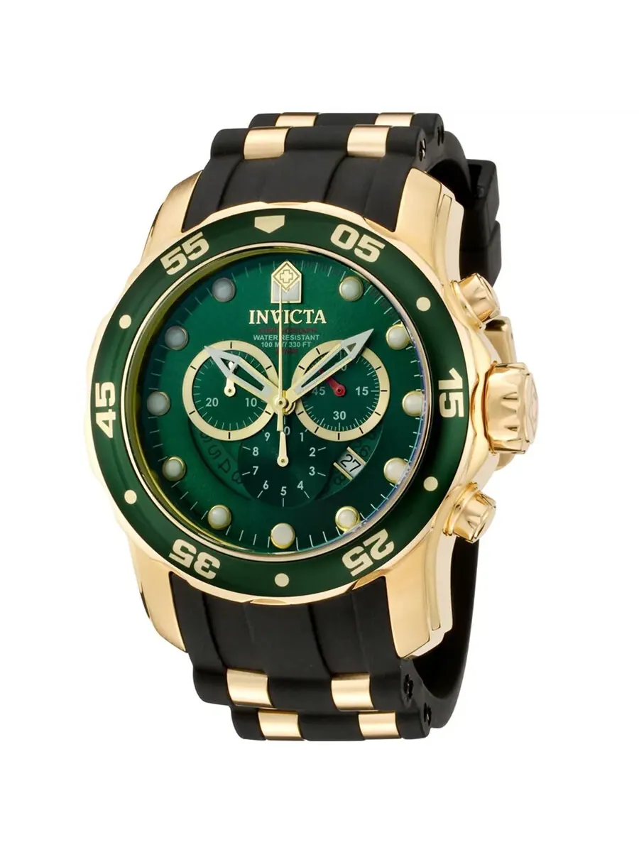 Мужские часы Invicta Pro Diver Chronograph с зеленым циферблатом и черным полиуретановым корпусом — изображение 1 из 1