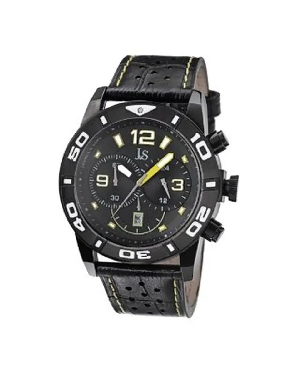 Мужские часы Joshua & Sons Chronograph с черным циферблатом и черным кожаным ремешком, модель