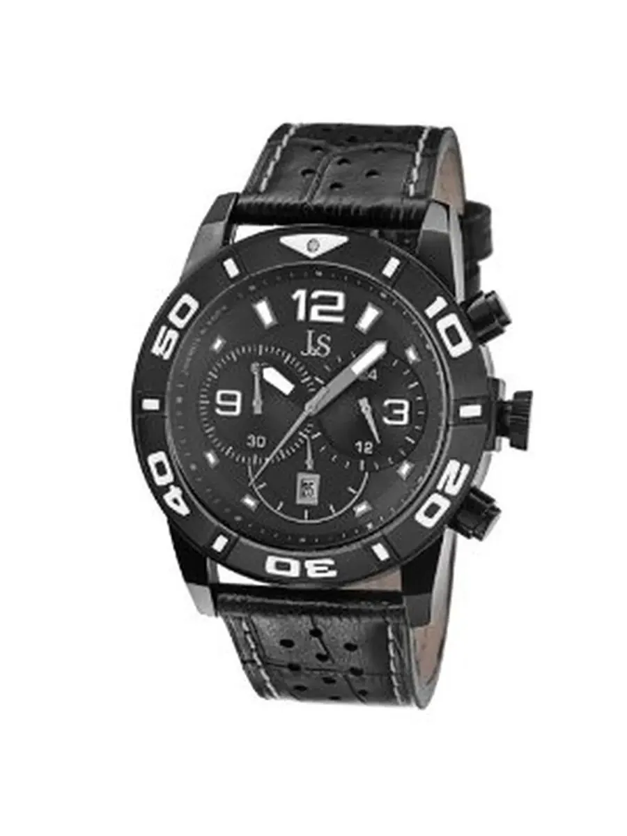 Мужские часы Joshua & Sons Chronograph с черным циферблатом и черным кожаным ремешком, модель