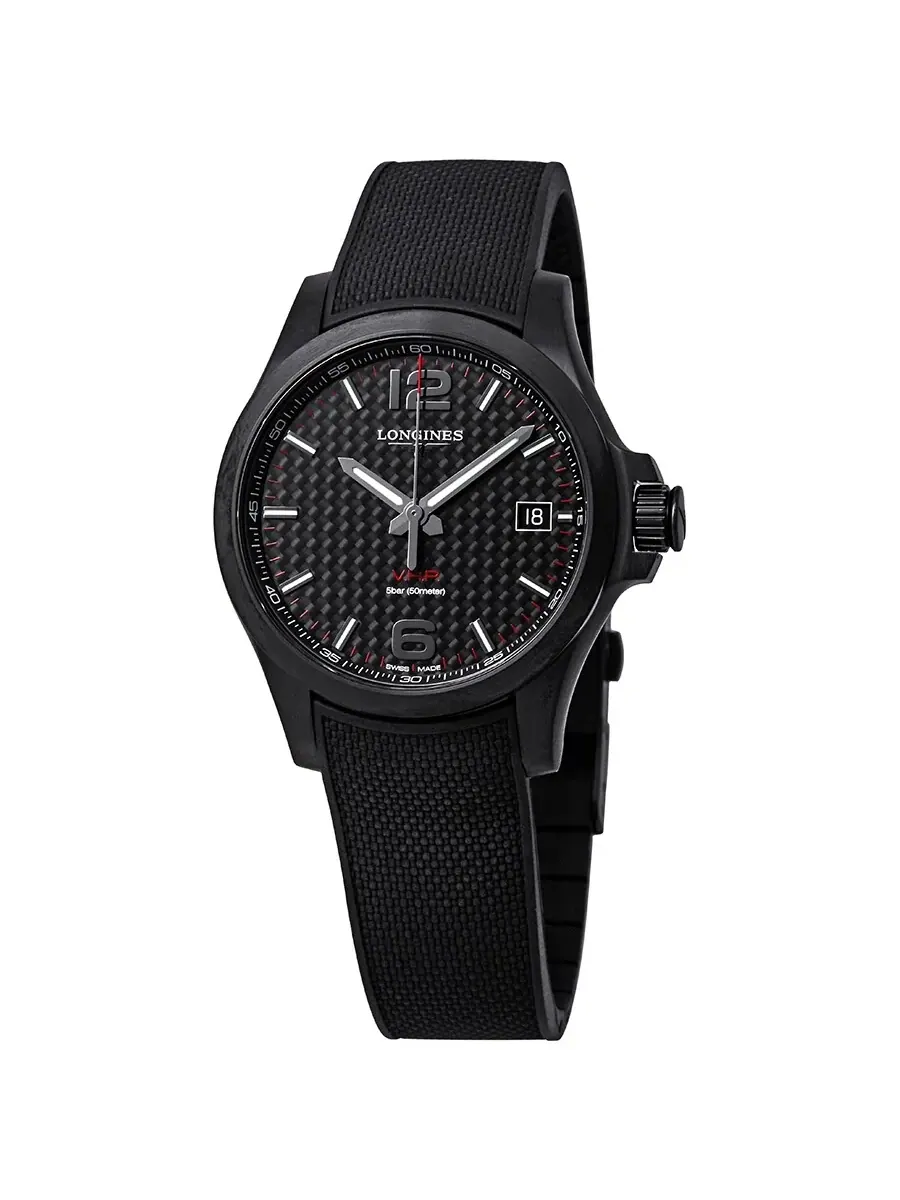Мужские часы Longines Conquest V.H.P. с черным карбоновым циферблатом L3.716.2.66.9 — изображение 1 из 3, оттенок черный