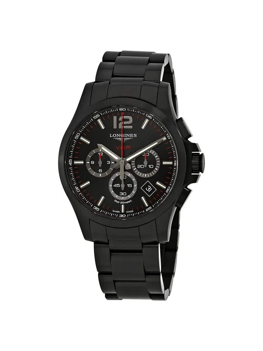 Мужские часы Longines Conquest VHP Chronograph с черным резным циферблатом L37272566 — изображение 1 из 3, оттенок черный
