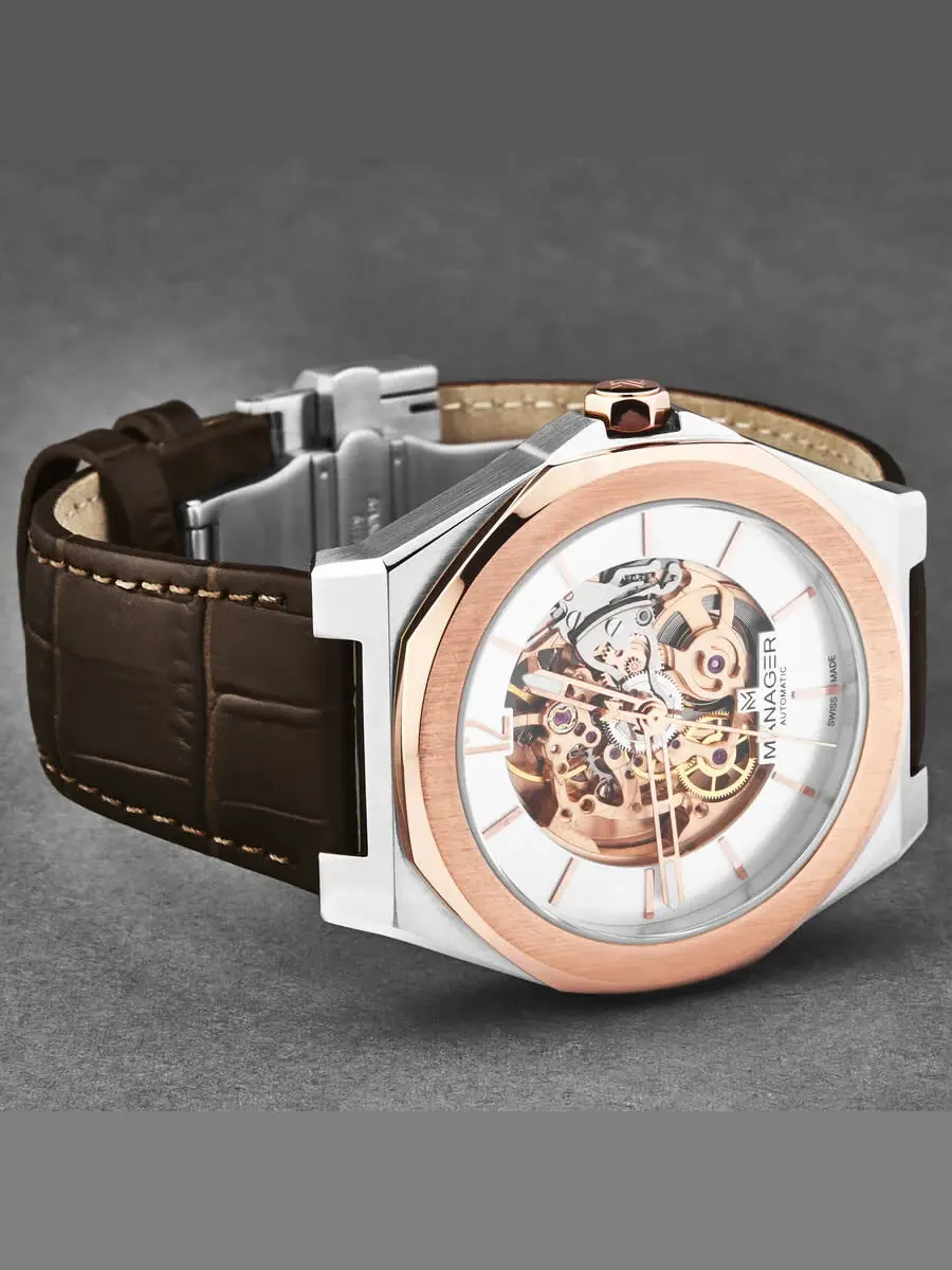Мужские часы Manager Open mind Automatic Silver Dial MAN-RO-05-BL — изображение 2 из 7, оттенок розовый золотистый