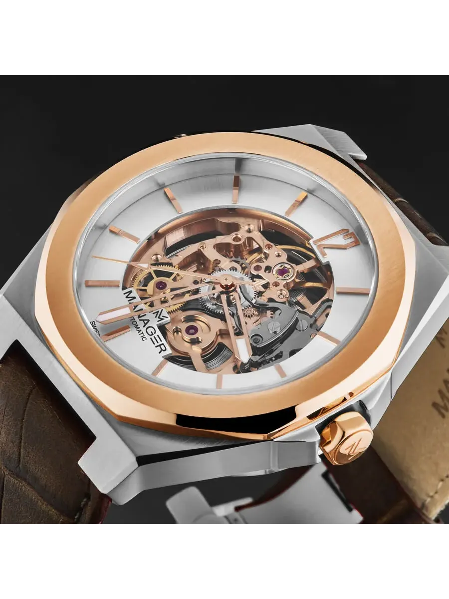 Мужские часы Manager Open mind Automatic Silver Dial MAN-RO-05-BL — изображение 4 из 7, оттенок розовый золотистый