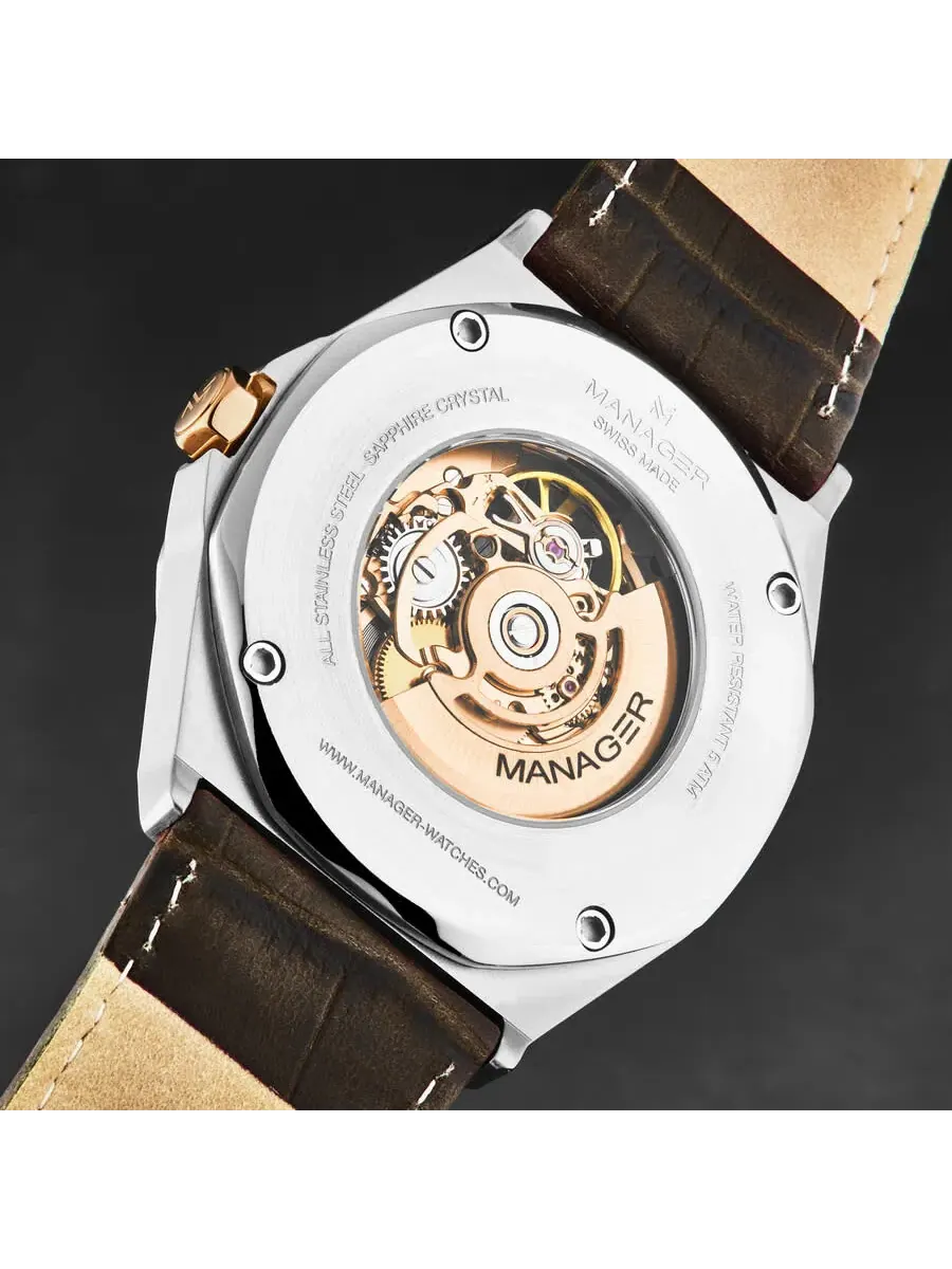 Мужские часы Manager Open mind Automatic Silver Dial MAN-RO-05-BL — изображение 6 из 7, оттенок розовый золотистый