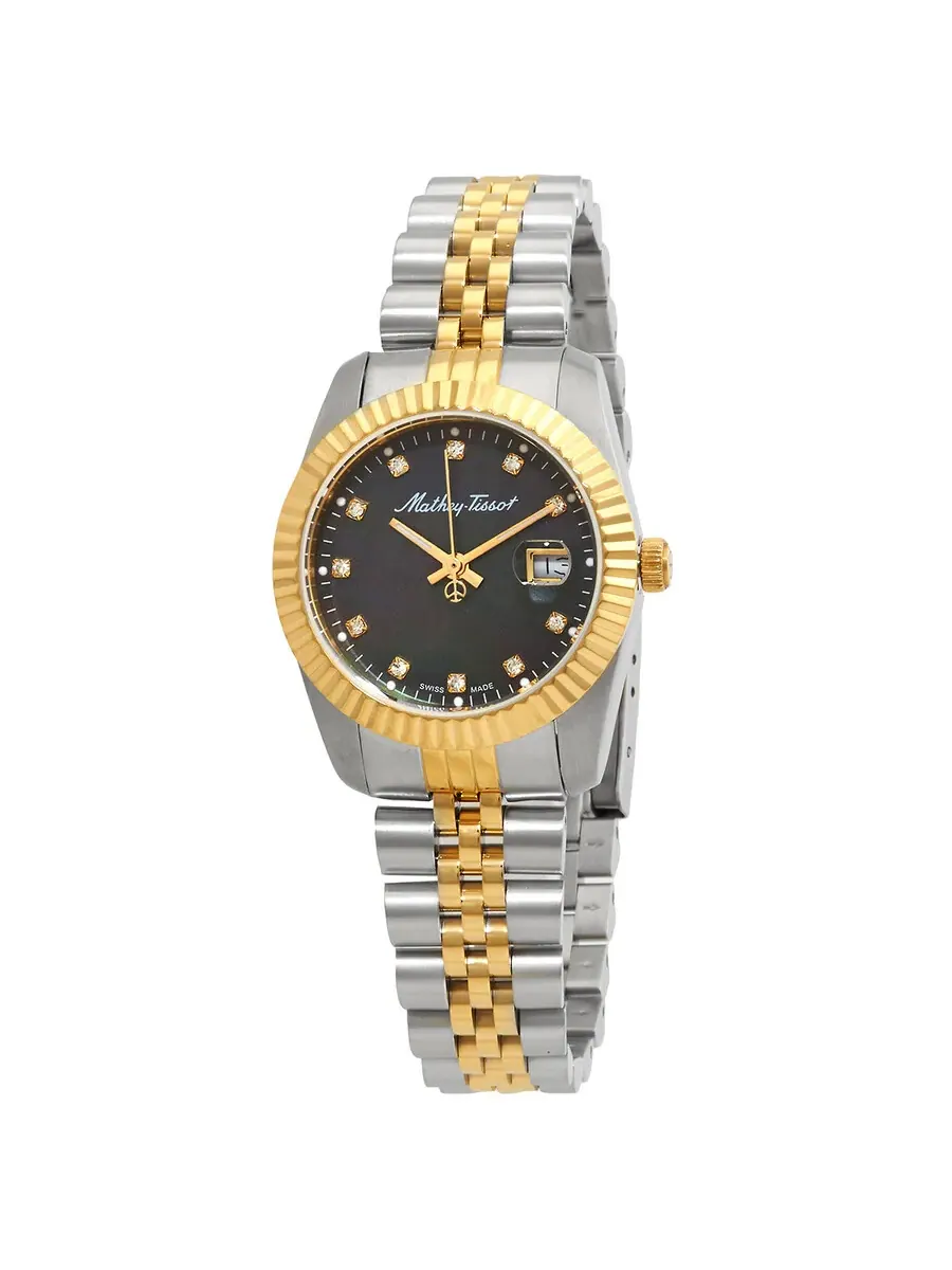Женские часы Mathey-Tissot Mathy III MOP Quartz с черным циферблатом D910BN — золотистый