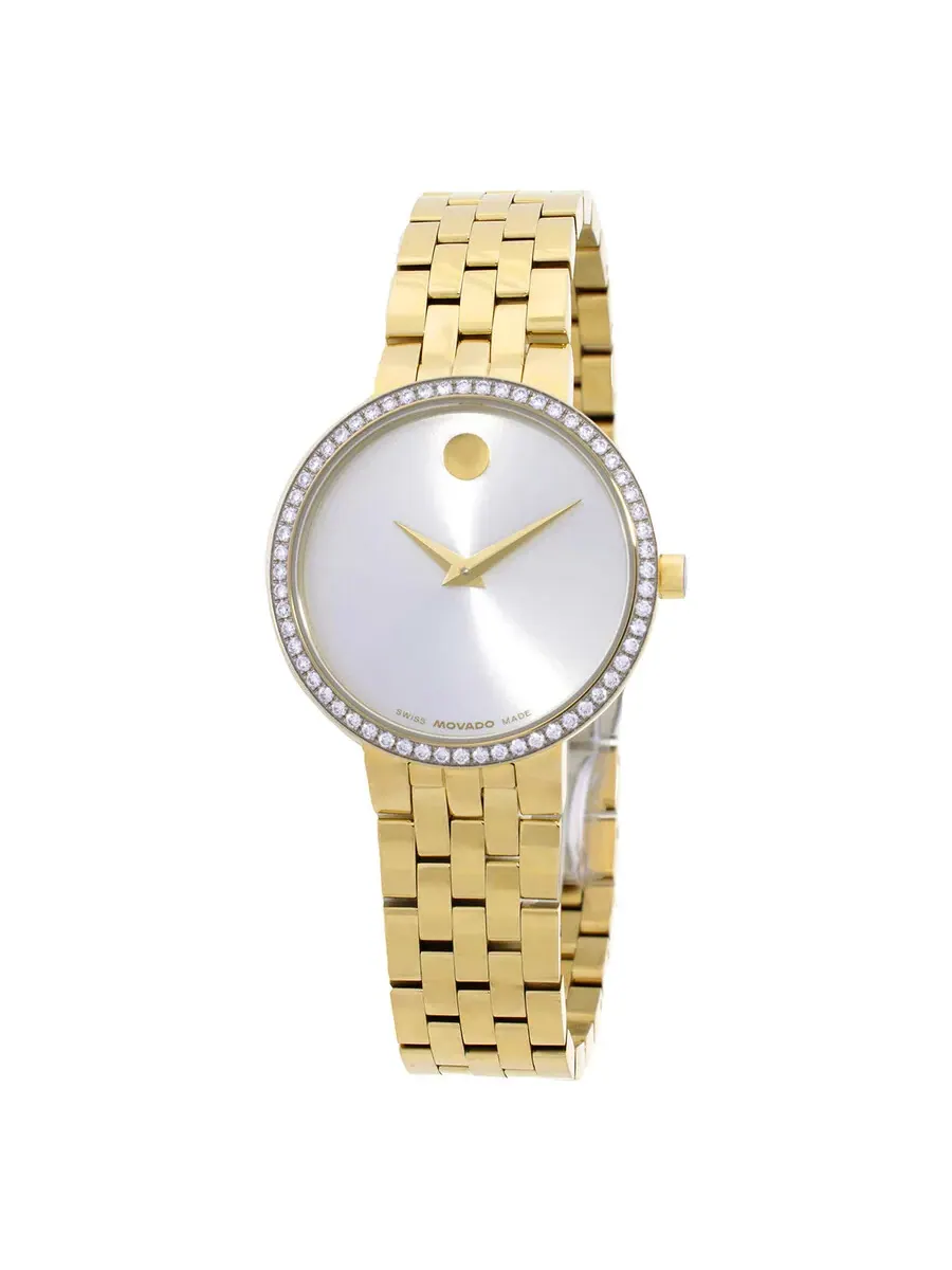 Женские часы Movado Museum Quartz с белым циферблатом и бриллиантом 0608068 — изображение 1 из 1, оттенок желтый золотистый