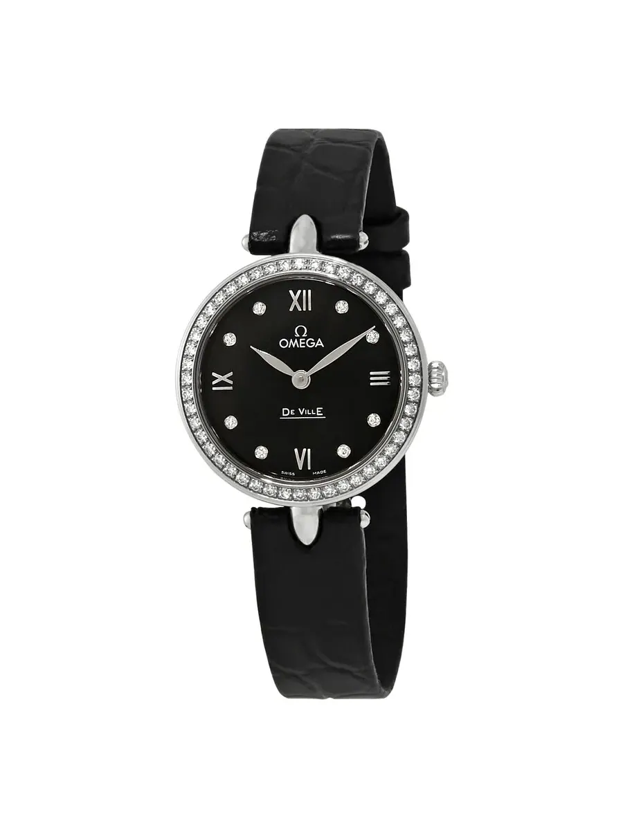 Женские кварцевые часы Omega De Ville Prestige с черным циферблатом и черным кожаным ремешком — изображение 1 из 3