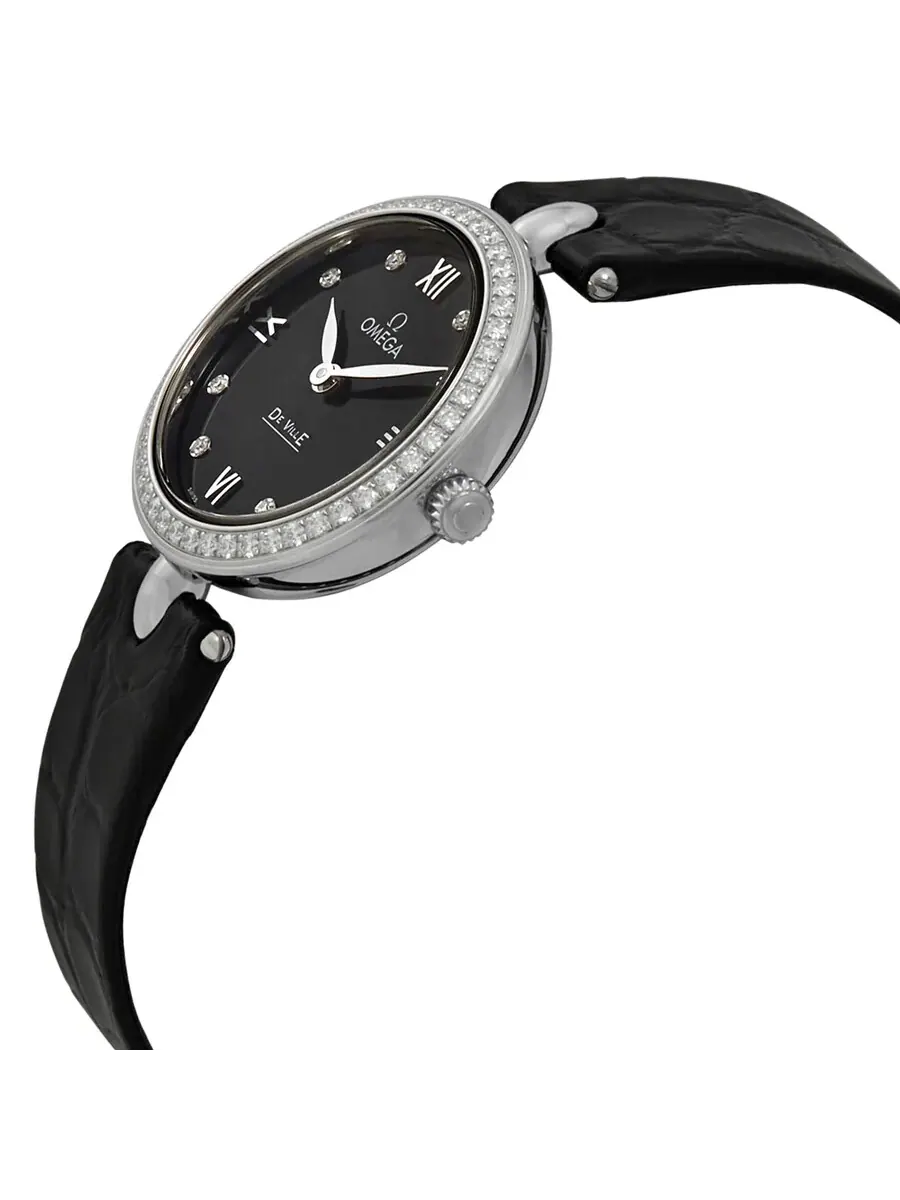 Женские кварцевые часы Omega De Ville Prestige с черным циферблатом и черным кожаным ремешком — изображение 2 из 3