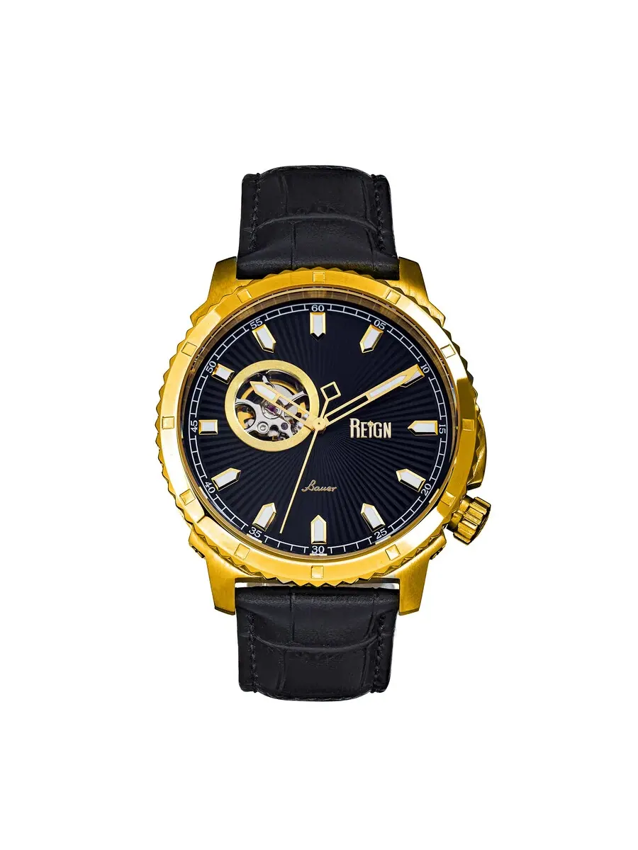 Мужские часы Reign Bauer Automatic с черным циферблатом REIRN6004 — изображение 1 из 3, оттенок золотистый