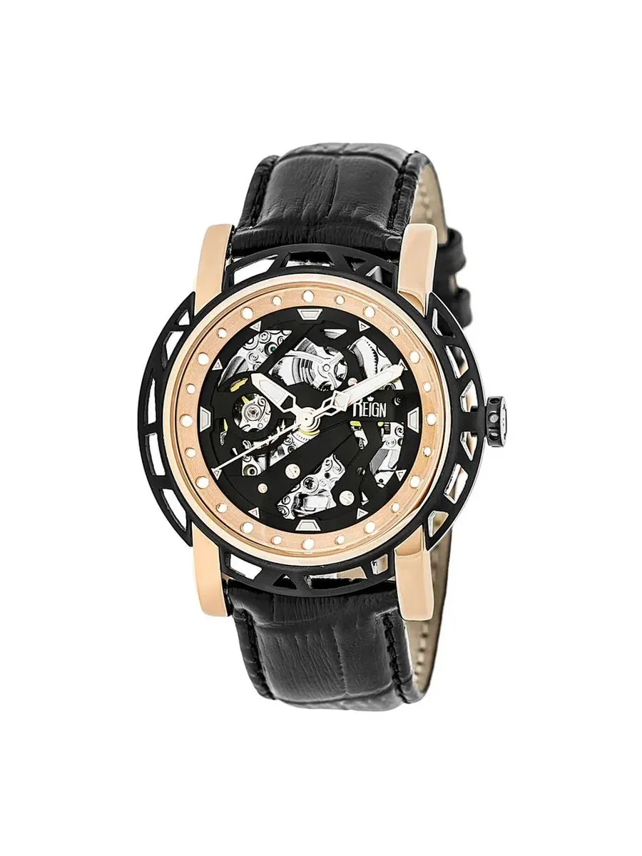 Часы мужские Reign Stavros Black Skeleton с черным циферблатом и черным кожаным ремешком RN3706 — изображение 1 из 3