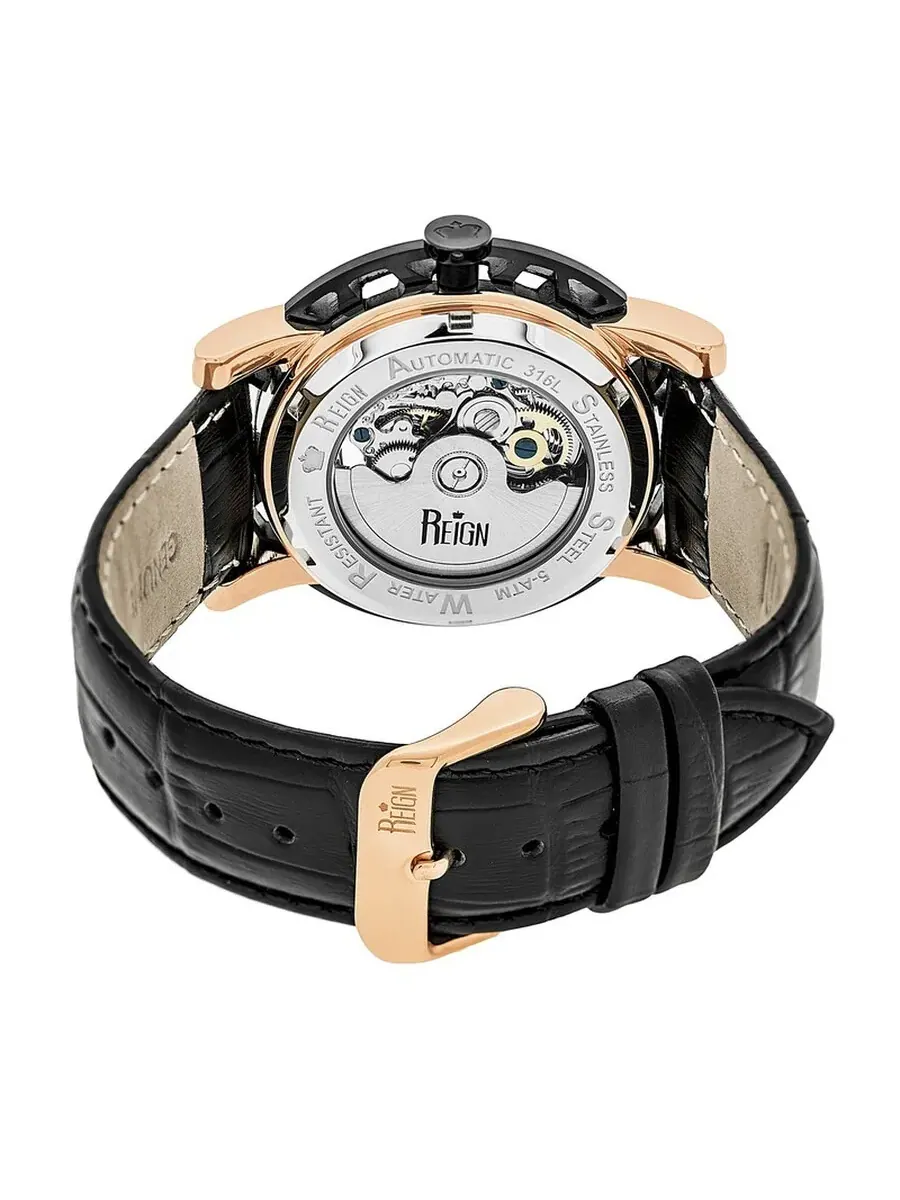 Часы мужские Reign Stavros Black Skeleton с черным циферблатом и черным кожаным ремешком RN3706 — изображение 3 из 3