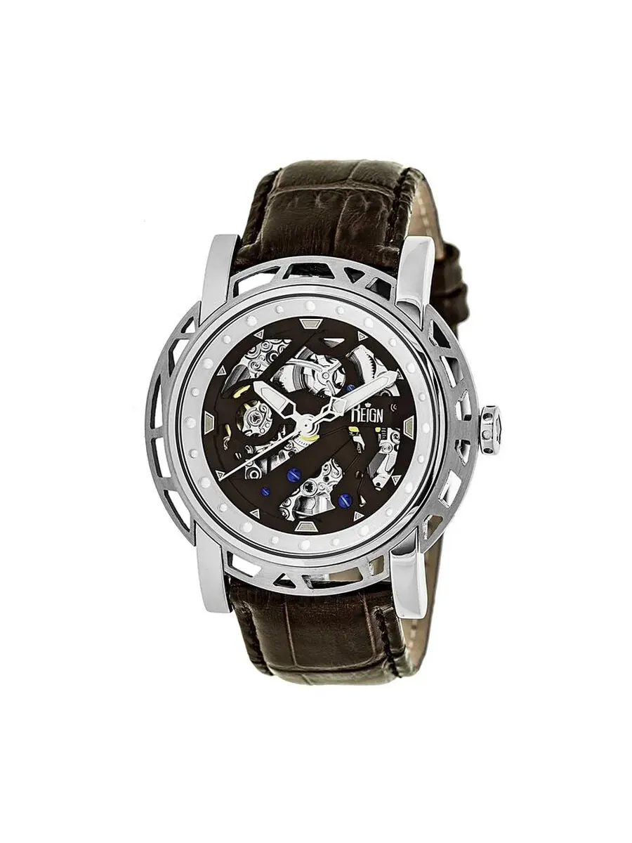 Мужские часы Reign Stavros Black Skeleton с коричневым кожаным ремешком RN3701