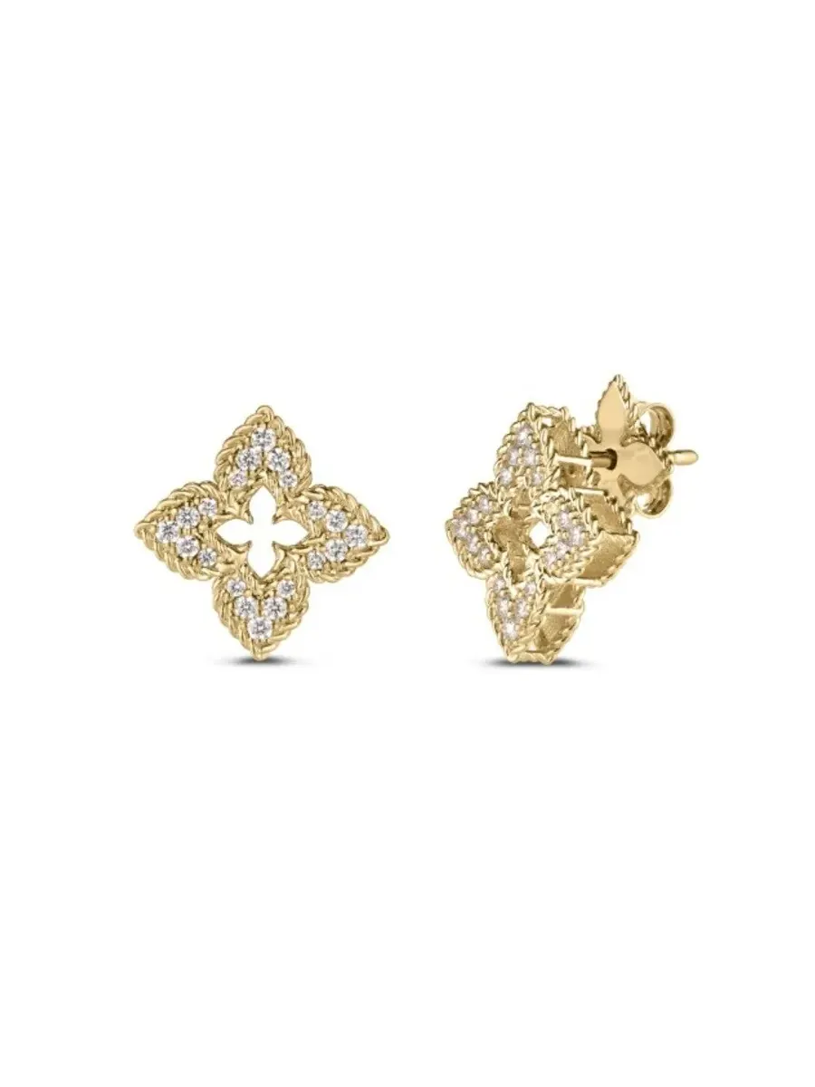Серьги-гвоздики Roberto Coin Venetian Princess Small Flower с паве из бриллиантов из желтого золота — изображение 1 из 1