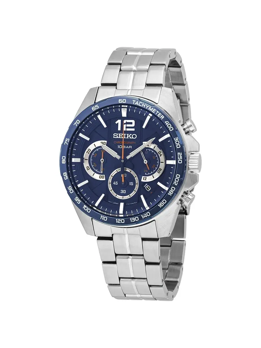 Мужские часы Seiko Essentials Chronograph Quartz с синим циферблатом SSB345 — синий