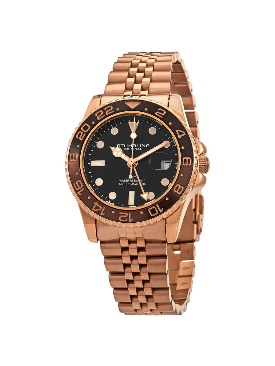 Мужские часы Stuhrling Original Aquadiver с черным циферблатом M15839 — изображение 1 из 3, оттенок розовый золотистый