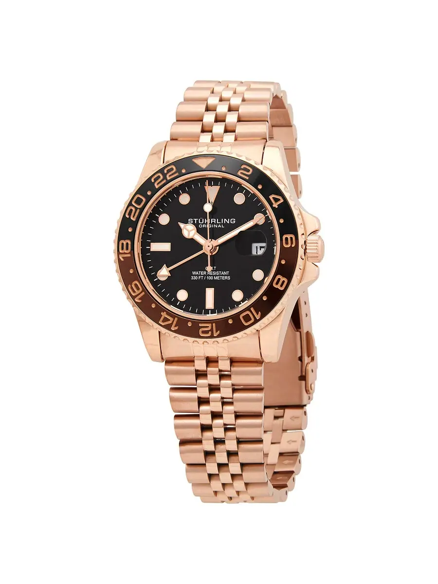 Мужские часы Stuhrling Original Aquadiver с черным циферблатом M15840 — изображение 1 из 3, оттенок розовый золотистый