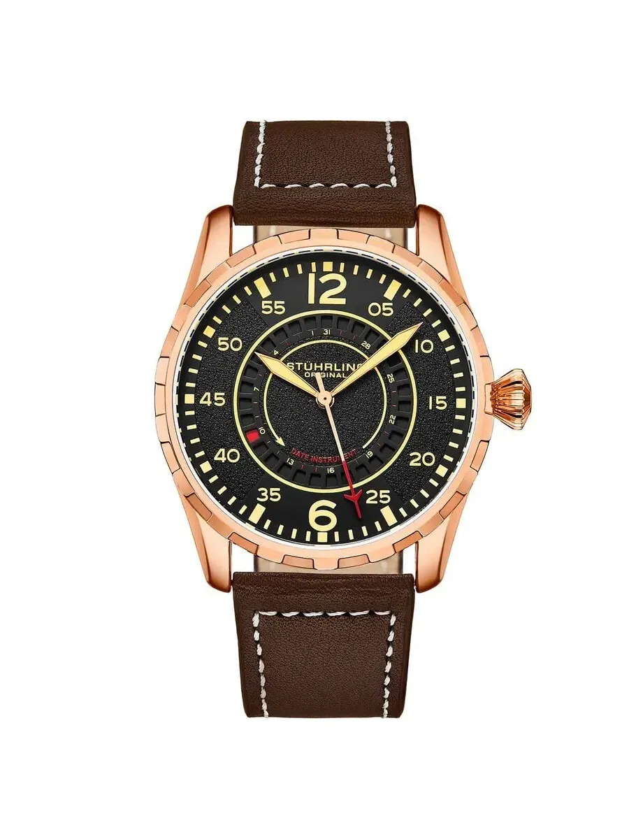 Мужские часы Stuhrling Original Aviator с черным циферблатом M15982 — изображение 1 из 1, оттенок розовый золотистый