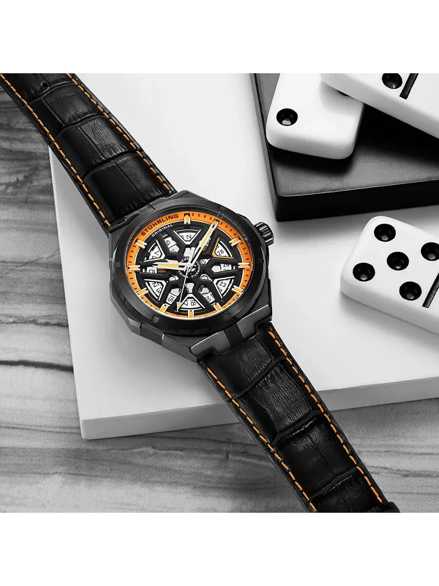 Мужские часы Stuhrling Original Legacy Automatic с оранжевым циферблатом M13484 — изображение 3 из 5, оттенок черный