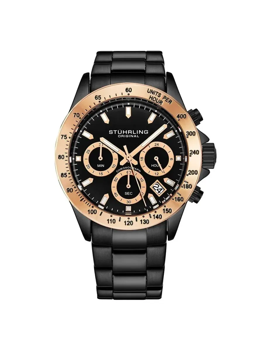 Мужские часы Stuhrling Original Monaco с черным циферблатом M15805 — изображение 1 из 1, оттенок розовый золотистый