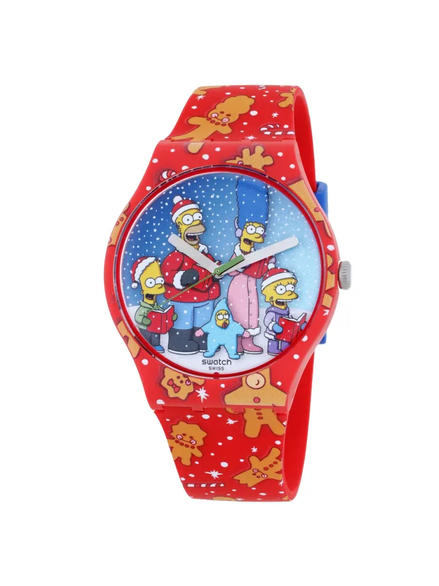 Часы Swatch The Simpsons Collection Wondrous Winter Wonderland с кварцевым механизмом и синим — красный