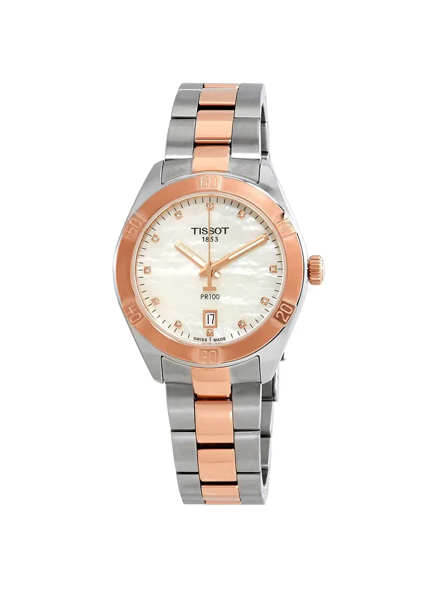 Женские часы Tissot PR100 с бриллиантами и белым перламутровым циферблатом T101.910.22.116.00 — изображение 1 из 3