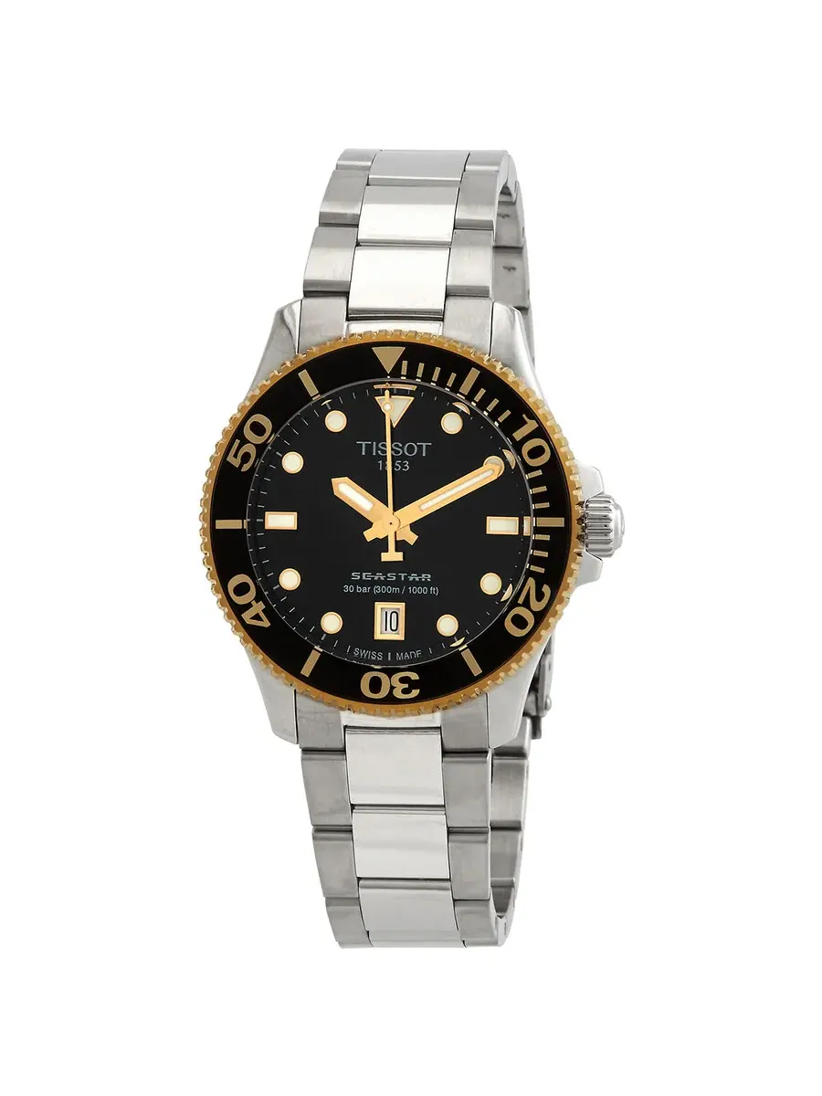 Часы Tissot Seastar 1000 Quartz с черным циферблатом унисекс T1202102105100 — изображение 1 из 3, оттенок желтый золотистый