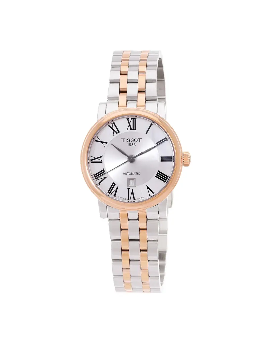 Женские часы Tissot Carson Automatic с серебристым циферблатом и двухцветным браслетом — изображение 1 из 3