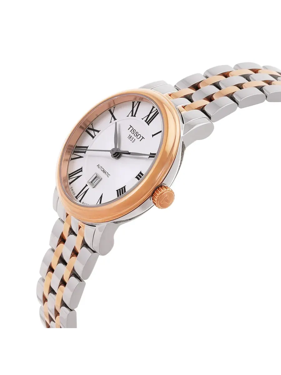 Женские часы Tissot Carson Automatic с серебристым циферблатом и двухцветным браслетом — изображение 2 из 3